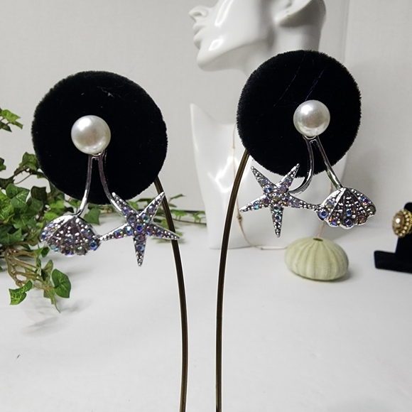 Silver and Iridescent Crystal Starfish and Shell Earrings - Picture 3 of 6